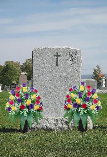 LVXINLI Artificial Cemetery Flowers, Gravesite Decoration Roses, Memorial Bouquets with Cemetery Vase, Vibrant and Long-Lasting Colors (Yellow+Purple+Brilliant Red, 2 Bundles) - color: Yellow+purple+brilliant Red