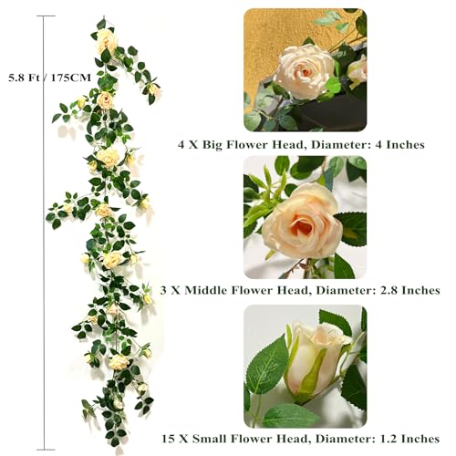 5.9FT Bendable Rose Flower Garlands, Artificial Silk Wild Roses Vine Hanging Flowers for Wall Fireplace Fence Table centerpieces Trellis Wedding Indoor Outdoor Spring Decor (Champagne, 2) - color: Champagne, size: 2