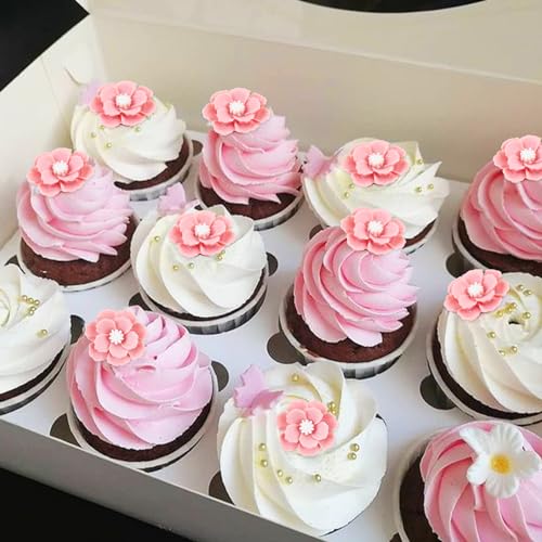 20Pcs 3D Pink Flower Cupcake Toppers Resin Flowers for Bridal Engagement Baby Shower Floral Birthday Cupcake Picks Wedding Anniversary Pink Flower Party Table Decorations - color: Flower-11