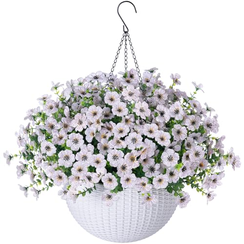 HyeFlora Artificial Fake Hanging White Flowers Plants Basket for Outdoor Outside Fall Winter, Faux Silk Daisy UV Resistant Look Real for Christmas Porch Patio Balcony Home Yard Decoration - color: Creamy White