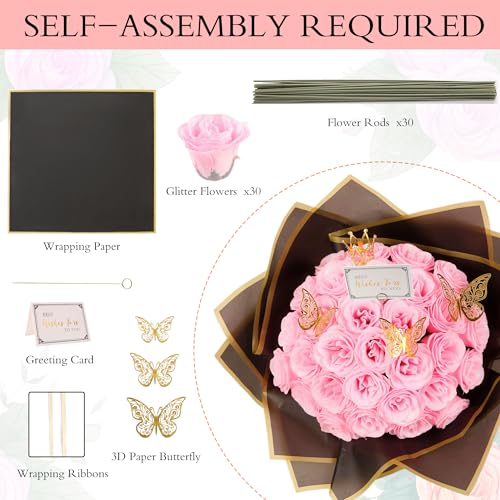 Pink Glitter Roses Bouquet, 30 Pcs DIY Fake Flowers Bouquet, Everlasting Shiny Artificial Rose Bouquet for Valentine's Day, Anniversary, Engagement, Wedding - color: Light Pink
