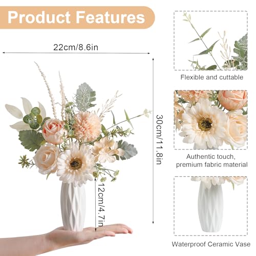 Small 11.8" Artificial Flowers in Ceramic Vase - Champagne Silk Flower Centerpiece for Dining Table, Office, Wedding & Farmhouse, Home Decor Gifts - color: Champagne