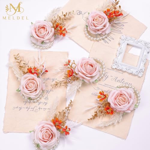 Pink Velvet Rose Wrist Corsage, Set of 6, Wedding Bridal Flower Corsage Hand Decor for Prom Party Homecoming, Wristband Flowers Bride, Bridesmaid, Girl,Mother of The Bride Corsage - color: 6pcs Pink Wrist Corsages