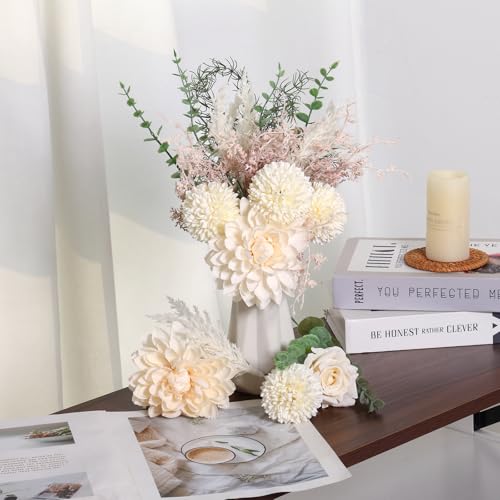 CEWOR Fake Flowers in Ceramic Vase, Artificial Flowers with Ceramic Vase Faux Silk Floral Arrangement Table Centerpieces Decor for Home Office Dining Farmhouse Coffee Table Living Room - color: Beige