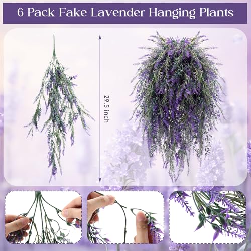 Canlierr 6 Pcs Fake Lavender Hanging Plants 29.5 Inch Large Purple Lavender Artificial Flowers for Wedding, Party, Farmhouse, Porch, Wall & Window Decor, All Year Round Indoor Outdoor Decoration