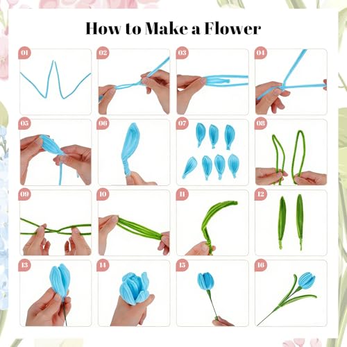 500PCS Pipe Cleaner Flower Kit,Bulk Pipe Cleaners Craft,Chenille Stems with Wrapping Paper for Mother's Day Graduation Birthday Wedding (Blue) - color: Blue