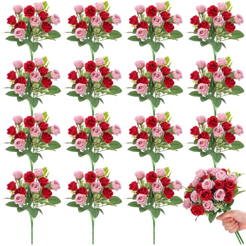 Zeyune 16 Bunches 12 Inch Artificial Mini Rose Bouquet 160 Heads Bridal Flower Bouquets Fake Silk Rose Bulk for Valentine's Day Wedding Bridal Shower Home Office Garden(Pink and Red) - color: Pink and Red