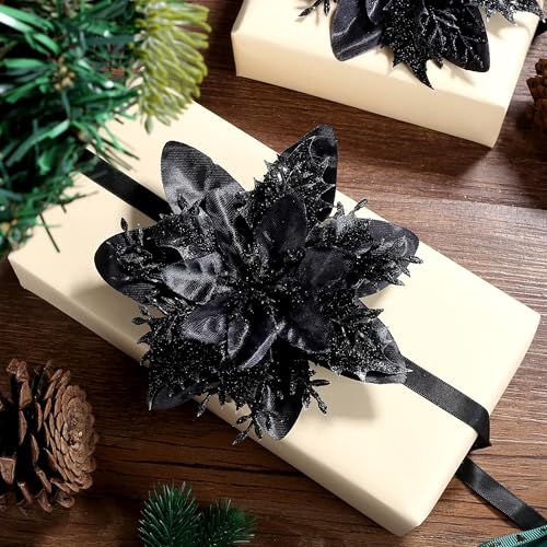 SITUMEIZI 24 Pcs Black Christmas Tree Decorations Black Ornaments for Christmas Tree Glitter Poinsettia Artificial Flowers 5.5" with Clips Fake Christmas Ornaments Xmas Tree Wreath New Year Decoration - color: Black