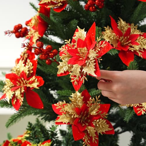trytuny 50pcs Glitter Poinsettia Christmas Ornaments, Artificial Flowers with Clips Stems for DIY Wreath Making, Holiday Home Party Decorations, Indoor Use (Red) - color: Red