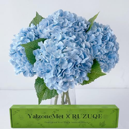 YalzoneMet 4Pcs Light Blue Hydrangea Artificial Flower Natural Lifelike Real Touch 21 inch Long Stem Hydrangea Latex Flower Bouquets for Home Party Outdoor Wedding Table Centerpiece Decor - color: Light Blue
