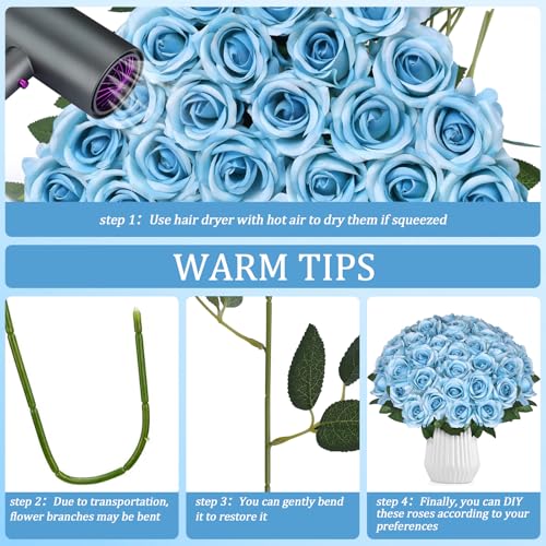 30pcs Sky Blue Artificial Roses with Long Stems Realistic Bouquet Blue Fake Silk Rose Artificial Flowers Bulk for Bridal Wedding Bouquet Centerpiece Ball Arrangement Party Decor - color: Sky Blue