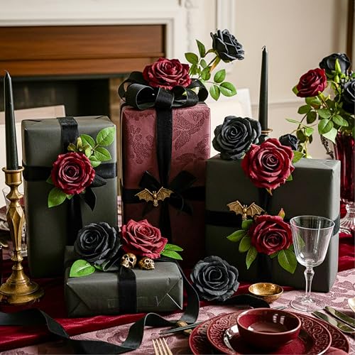 Auihiay 14PCS Black Artificial Roses, Velvet Silk Roses Bouquet with Long Stems for Valentine's Day, Gothic Wedding, Halloween Decor, Home & Event Arrangement - color: Black