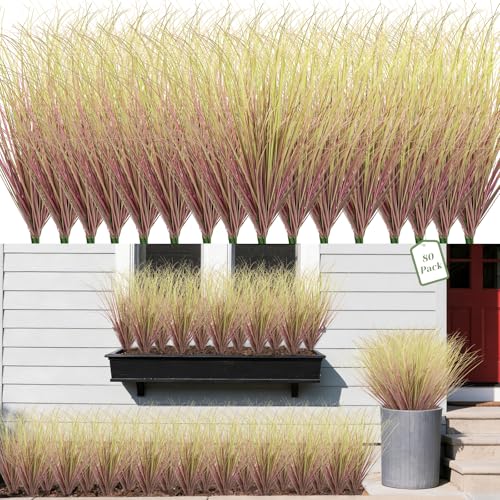 80 Bundles Fake Grass Plants Artificial Plants Outdoor Faux Plants Tall Shrubs Wheat Grass Greenery Stems UV Resistant Onion Grss for Outside Planters Indoor Room Vase Home Decor（Light Purple） - color: Light Purple, size: 80-Pack