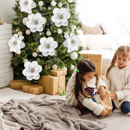 18 Pcs Large Velvet Christmas Poinsettia Magnolia Flowers Ornaments Glitter Big Heads Artificial Magnolia Flowers for Decoration Wedding Decor Supplies(White) - color: White