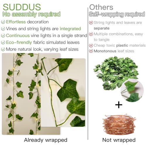 suddus Fake Vines with Lights Battery Operated, 20 LED 6.56FT Ivy Garland Fairy Lights with Timer, Leaf String Lights for Bedroom,Room,Window,Wall,Party,Garden,Wedding Indoor Decor (Warm White) - color: Ivy, size: 20 LED-Copper Wire Battery-Powered