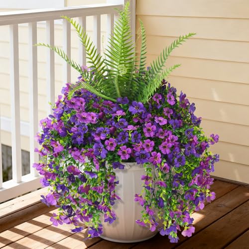 INQCMY Artificial Fake Hanging Flowers with Fake Fern for Outdoors UV Resistant Artificial Plants Spring Decor Look Real Faux Flowers for Outside Home Planter Porch Patio Decor - color: 3pcs Double Purple,1pcs Fern
