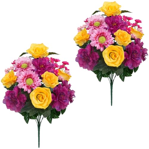 14 Stems Cemetery Flowers for Grave Silk Rose Penoy Faux Dasies Bouquet 19.3" Multicolor Summer Flowers for Headstones Vase Outdoor Home Arrangement Table Centerpiece Decor 2Pcs - color: Purple Yellow-2pcs