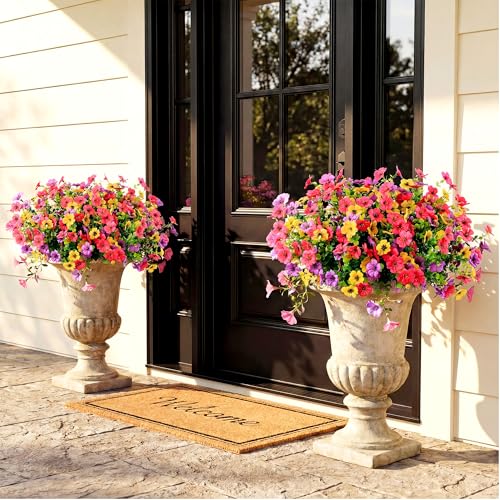 Artificial Flowers for Outdoors, Faux Plants 12 Bundles Silk Colorful Fake Flowers Eucalyptus Realistic UV Resistant for Outside Home Planter Porch Patio Yard Decor (12, Hot pink Purple Yellow) - color: Hot Pink Purple Yellow