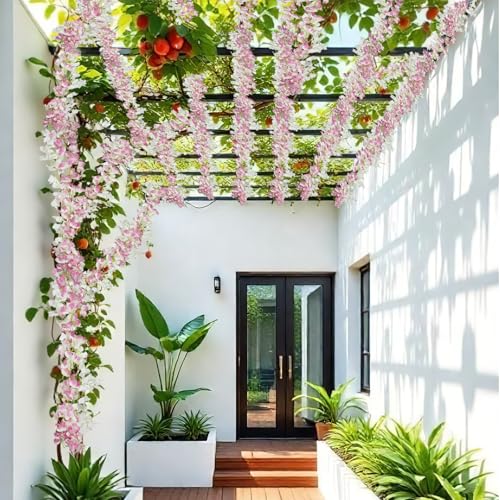 2 Pcs Artificial Bougainvillea Flowers Garland Fake Silk Bougainvilleas Vines Trailing Faux Hanging Flowers Plants Bougainvillea Artificial for Porch Wedding Arch Spring Summer Decor Pink White - color: Pink, White