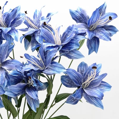 Artificial Lily Flowers Fake Vintage Lilies Silk Flower Realistic Tiger Lily Plastic Stems Faux Plants for Indoor Outdoor Decor Vase Floral Arrangement Wedding Party Bouquet DIY Decoration Blue 4 Pack - color: Silk Flowers / Blue / 4 Pack