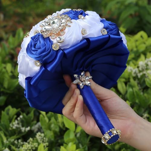 7.5in Handmade Wedding Bouquet with Luxury Gold Rhinestone Brooch Satin Rose Flower Bridal Bouquet for Bride Bridesmaid Quinceanera Wedding Bouquet White and Royal Blue - color: White & Royal Blue, size: Medium (DIA. 7.5"/19cm)
