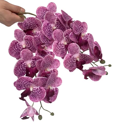 HinyoCo 5 Pcs Artificial Orchid Flowers and 4 Bundles Leaves, Artificial Phalaenopsis Flowers 32 Inch Stem Plants for Home Wedding Decoration (Purple Spots) - color: Purple Spots