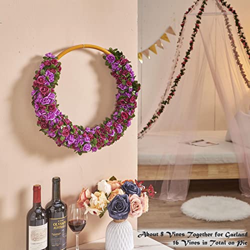 PONKING 8 Pcs x 8.2 ft Flower Garland Artificial Rose Vine Flowers with Green Leaves Hanging Fake Roses Vine for Room Party Home Wedding Birthday Christmas Wall Arch Decor, Spring Purple Flower - color: Spring-purple-8pcs, size: 8 Vines 66FT