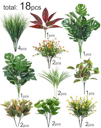 Ouddy Decor 18 Pcs Artificial Plants Outdoor, Fake Boxwood Plants UV Resistant Artificial Flowers Greenery Stems Faux Shrubs for Indoor Outdoor Porch Patio Garden Spring Summer Home Decor - color: Green
