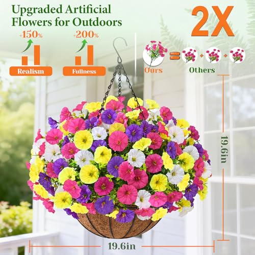 Elyum 2 Pack Artificial Hanging Flowers for Outdoors, Fake Flowers Artificial Petunias Hanging Baskets for Outdoors, UV Resistant Fake Hanging Plants Flowers for Outside Garden Patio Porch Decor - color: Mixed Colors 2, size: 2 Pack