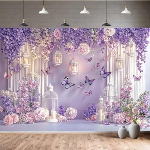 10X8ft Purple Butterfly Floral Backdrop for Photography Butterfly Flowers Theme Girls Party Decorations Background Wedding Birthday Baby Shower Party Cake Table Decor Photo Booth Props - color: Multi, size: 10x8ft