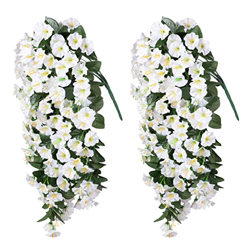 HyeFlora Artificial Fake Hanging Flowers Plants Vines for Outdoor Summer Decoration, 2PCS Faux Silk White Morning Glory Look Real UV Resistant for Home Outside Planter Porch Patio - color: White