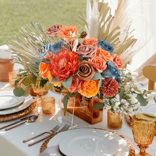 AGIRL Artificial Flowers Combo Silk Mix Teal Orange Fake Flower with Stems for DIY Wedding Bouquets Centerpieces Arrangements Table Chair Decor Baby Shower Home Decor (Teal Orange) - color: Teal Orange