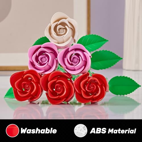 Rose Flower Bouquet Building Set: Artificial Flowers Botanical Collection Blocks Kit for Women Girls Wife Adults Home Decor Thanksgiving Christmas Mother's Day Valentine's Gifts 6-Pack - color: Red & Pink & White
