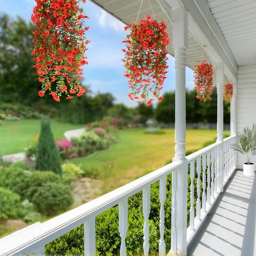 Sggvecsy Artificial Fake Hanging Flowers Plants for Outdoor Outside Spring Summer Decoration 2PCS Faux Silk UV Resistant Realistic Mums Daisy with Eucalyptus for Home Porch Patio Balcony(Red) - color: Red