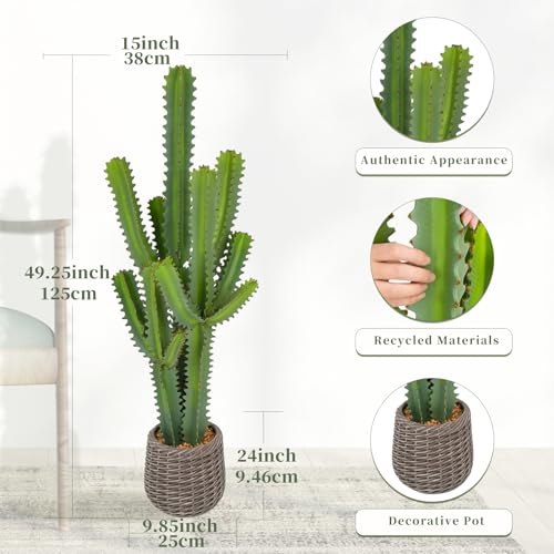 Artificial Cactus Plants, 4ft Tall UV-Resistant Fake Desert Cacti Plant in Brown Pot, Faux Floor Plants for Home Office Hotel Patio Balcony or Garden Indoor Outdoor Decor - size: 49"