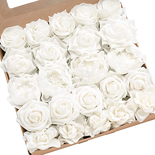 Ling's moment Artificial Flowers Fake Roses Faux Peony Foam Gardenia Combo for DIY Wedding Bouquets Centerpieces Arrangements Bridal Shower Party Home Decorations, White, 23pcs - color: Wht-white