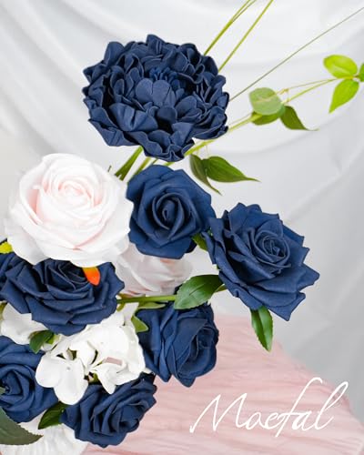 24pcs Navy Blue Artificial Flowers Combo, Faux Foam Roses & Peonies Fake Flowers with Stems for DIY Wedding Bouquets, Table Centerpieces, Bridal Shower, Cake Flowers & Home Party Decorations - color: Blu-navy Blue