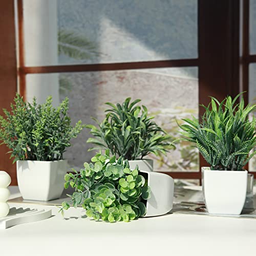 GREENTIME 4 Pack Fake Plants in White Pot Small Artificial Eucalyptus Potted Plant Wheat Grass Mini Faux Greenery for Home Decor Indoor Office Table Room Farmhouse Bathroom Decorations - color: White-grey