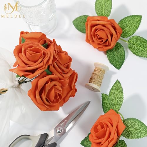 Artificial Flowers 50 Pack Orange Faux Foam Roses with Stems, Real Looking Fake Rose for DIY Wedding Bouquets, Bridal Shower Centerpieces, Party Table Decorations, Home Decor - color: Orange, size: 50Pcs