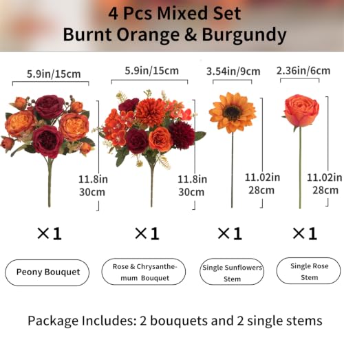4 Pcs Mixed Autumn Artificial Peony Flower Set-2 Bouquets & 2 Stems, Burnt Orange Wine Red Fake Peony Sunflower Silk Flower for Fall Table Centerpiece Farm Wedding Thanksgiving Halloween Home Decor - color: Burnt Orange & Burgundy, size: Mixed 4pcs