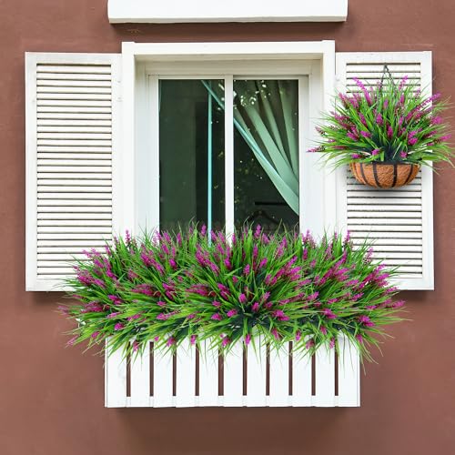 Sggvecsy 24 Bundles Artificial Plants Outdoor Faux Lavender Flowers Fake Monkey Grass UV Resistant Plastic Greenery Plants for Garden Home Porch Window Patio Hanging Planter Indoor Decor (Magenta) - color: Magenta, size: 24pcs