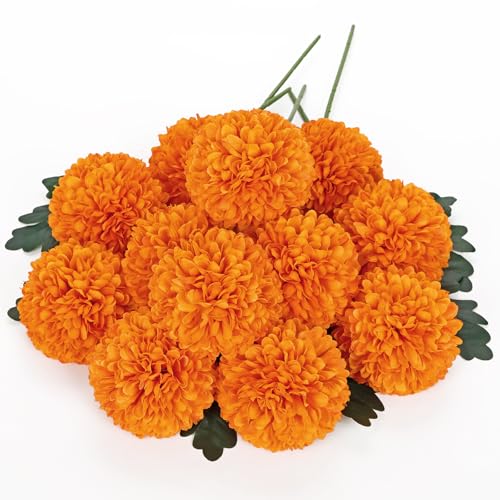 Briful 12 Pcs Artificial Orange Chrysanthemum Stems – 11” Tall Silk Mums Flower Heads with Green Leaves, Flexible Stems for Fall Floral Pick Arrangements, Home, Wedding & Seasonal Decorations - color: 3.5'' Dia. 12pcs Orange