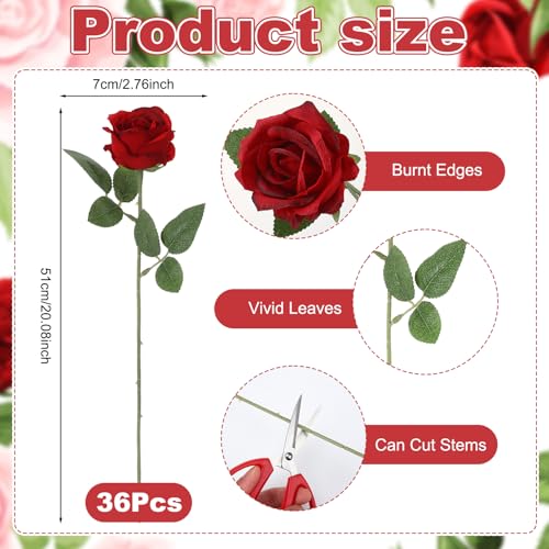 36 Pcs Burgundy Artificial Roses with Long Stems, Fake Silk Rose Artificial Flowers Bulk for Bridal Wedding Bouquet Centerpiece Ball Arrangement Party Decor - color: Burgundy
