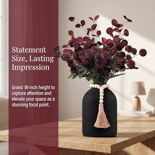 20''H Fake Flowers in Large Vase for Centerpiece Table Decorations with 10Pcs Fake Mums Flowers Eucalyptus Stems Faux Pompon Kiku Flowers Arrangement for Home Decor (Burgundy/Black Vase) - color: Burgundy/Black Vase