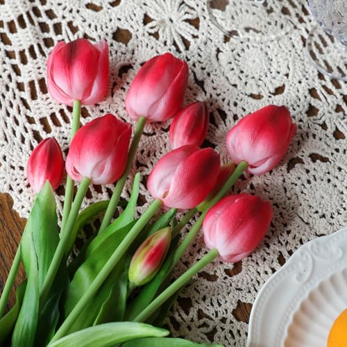 mizii 15Pcs Red Tulips Artificial Flowers Latex Plastic Real Touch Fake Tulips Flowers Look Real Faux Tulip Flower Bouquet Decoration for Vase Room Table Centerpieces Home Decor (Red) - color: Red