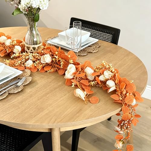 CQURE 2Pack Eucalyptus Garland,Artificial Eucalyptus Leaves Flowers Table Greenery Garland Wreath Vines for Wedding Party Fireplace Bedroom Room Decor - size: 17.7 Ft with Flowers-Orange