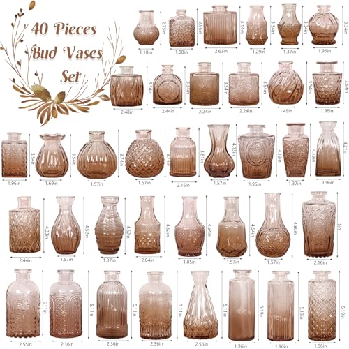 Set of 40 Glass Bud Vases, Small Amber Glass Vases in Bulk, Mini Vintage Embossed Flower Vase for Wedding, Centerpieces, Birthday Party, Baby Shower, Home Table Decorations (Amber) - color: Amber
