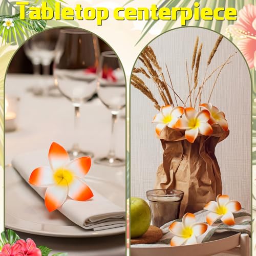 Tigeen 30 Pcs Hawaiian Plumeria Frangipani Artificial Flowers Fake Tropical Flowers with Stems for DIY Birthday Gifts Wedding Home Hawaiian Party Decor Table Centerpiece (Orange) - color: Orange