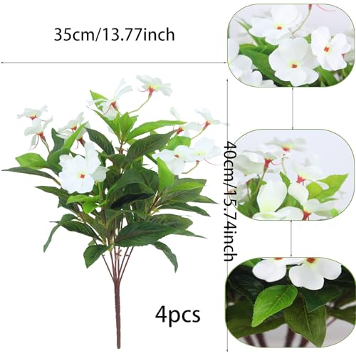 CITYES 4 Pcs Artificial Flowers Outdoor Impatiens UV Resistant Silk Impatiens Flowers White Faux Flowers Impatiens Bushes Artificial Impatiens for Pot Patio Lawn Garden Hanging Basket Porch Decor - color: White