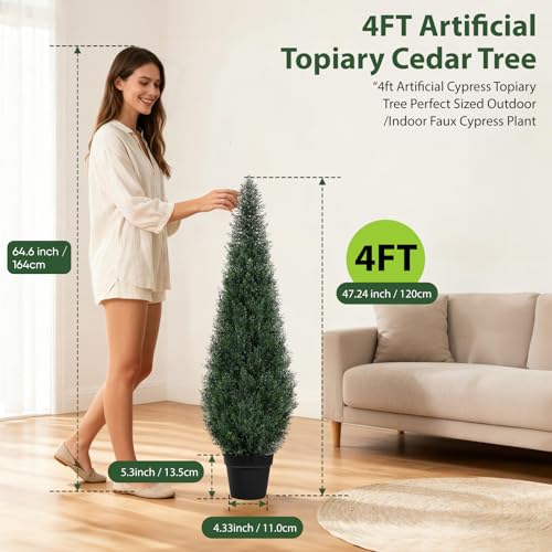 Artificial Trees for Outdoors, BUZIGUBY Artificial Cedar Topiary Trees, 4FT Topiary Trees Artificial Outdoors for Porch, Dense Arborvitae Tree for Front Door Patio Deck Balcony Yard Decor, 2 Pack